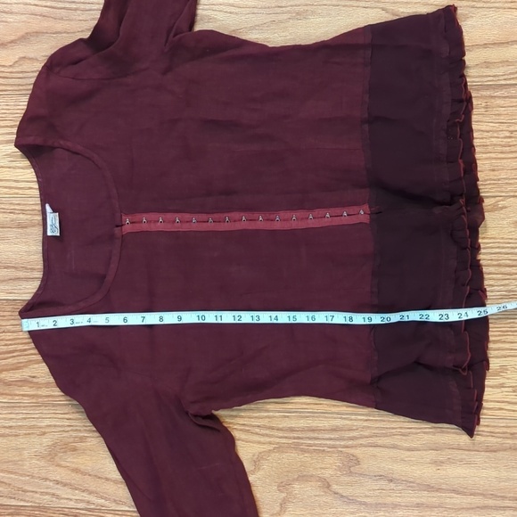 Vintage Lagenlook maroon linen 3/4 sleeve blouse w/ ruffles, Christine Damen L - Picture 3 of 5